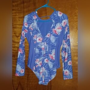 Women's Laguna Blue, White, Pink Long-Sleeve One Piece Swimsuit With Floral Larg
